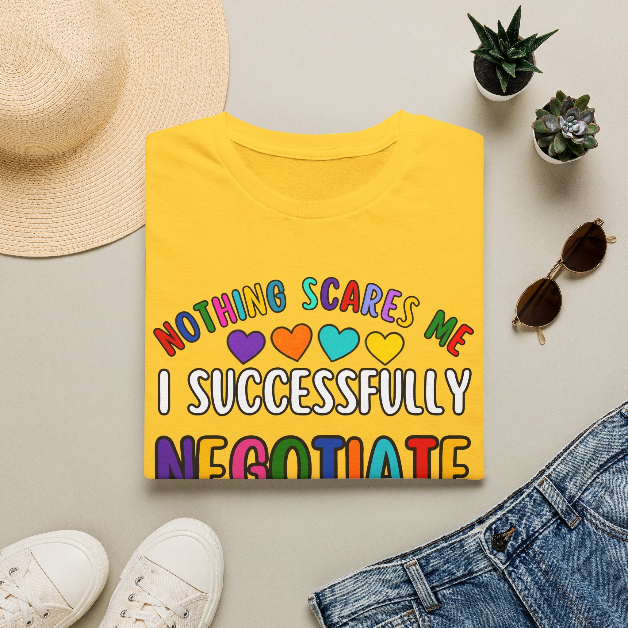 Funny Rainbow Negotiator T-Shirt — "Nothing Scares Me I Successfully Negotiate" Cute Pride Tee for Parents & Teachers